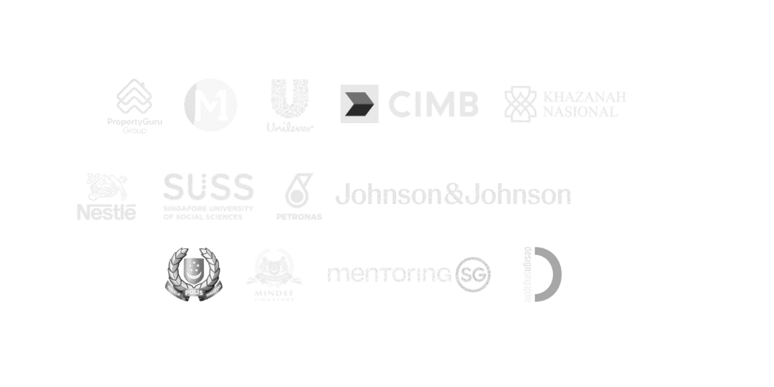 Client logos: Mentoring SG, PropertyGuru Group, Unilever, Mindef, Khazanah, Petronas